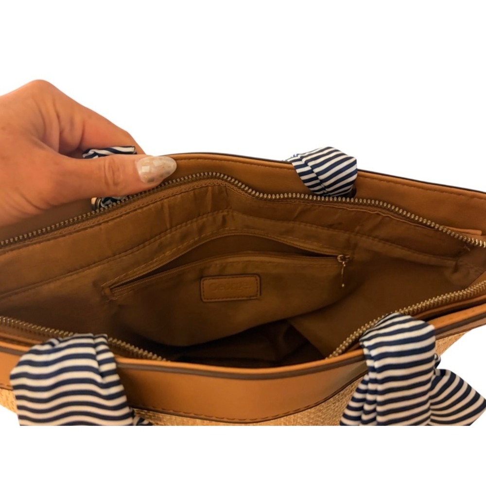 Straw Tote Bag Tan Blue White Striped Handles Large Beach Bag Summer Coastal - Picture 7 of 8